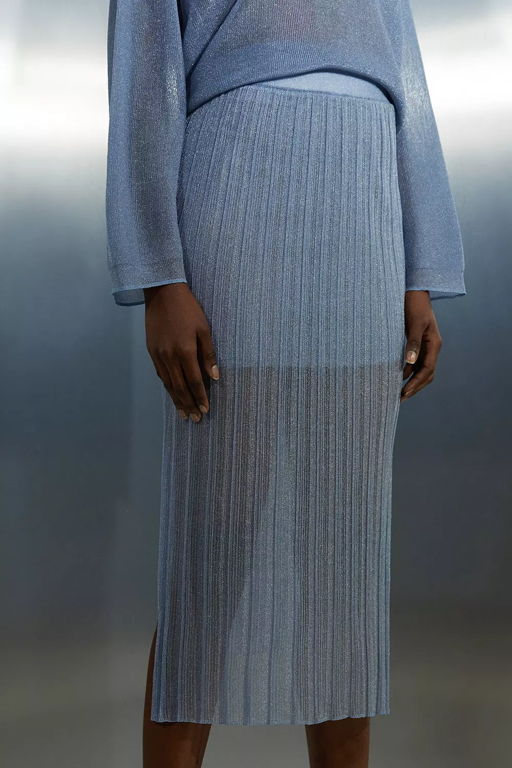 Semi Sheer Metallic Thread Split Detail Knit Skirt Karen Millen